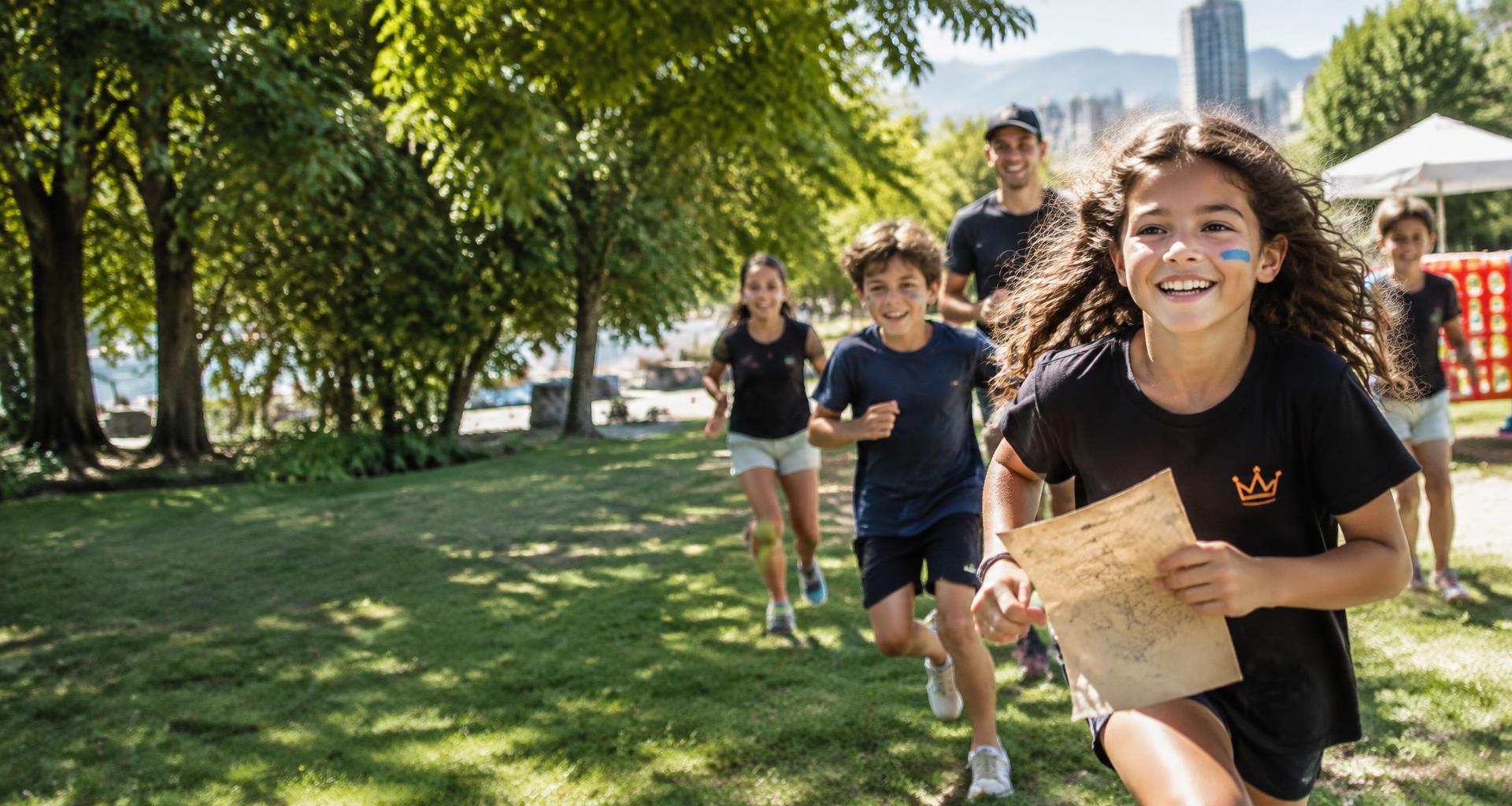 Kids race through a park with a mission map during a real-world adventure