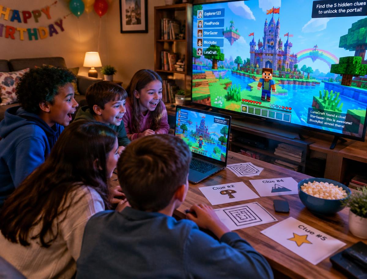 Kids playing a custom game world with clue cards on the table